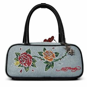 Ed Hardy Denim Rhinestone Rose Shoulder Bag Embroidered Logo Charm NWT